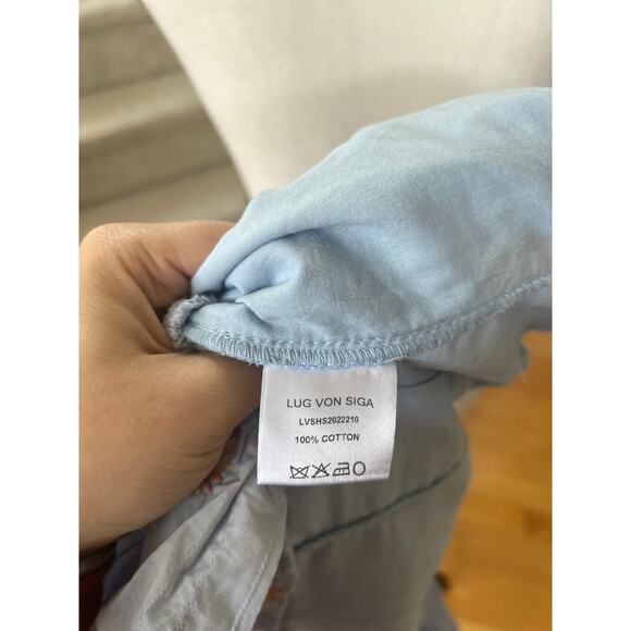 Lud Von Siga Blue Cotton Pleat Off Shoulder Puff Sleeve Peplum Daisy Blouse - Picture 7 of 8